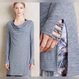 ANTHROPOLOGIE PURE + GOOD TUNIC SMALL BLUE COWL TUNIC DRESS LONG SLEEVE EUC